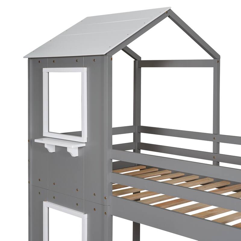 White Twin Over Twin Wood Bunk Bed with Roof, Window, Guardrail, and Ladder