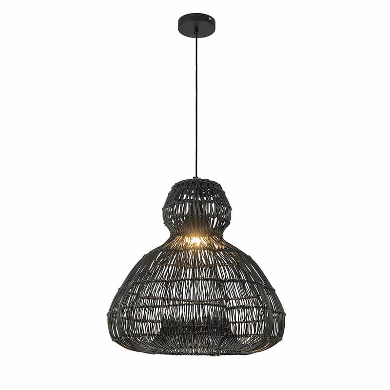 Ciel 1-Light Wicker Outdoor Pendant Light, Coastal Boho Style Scalloped- Handwoven - 20" Wide - Matte Black