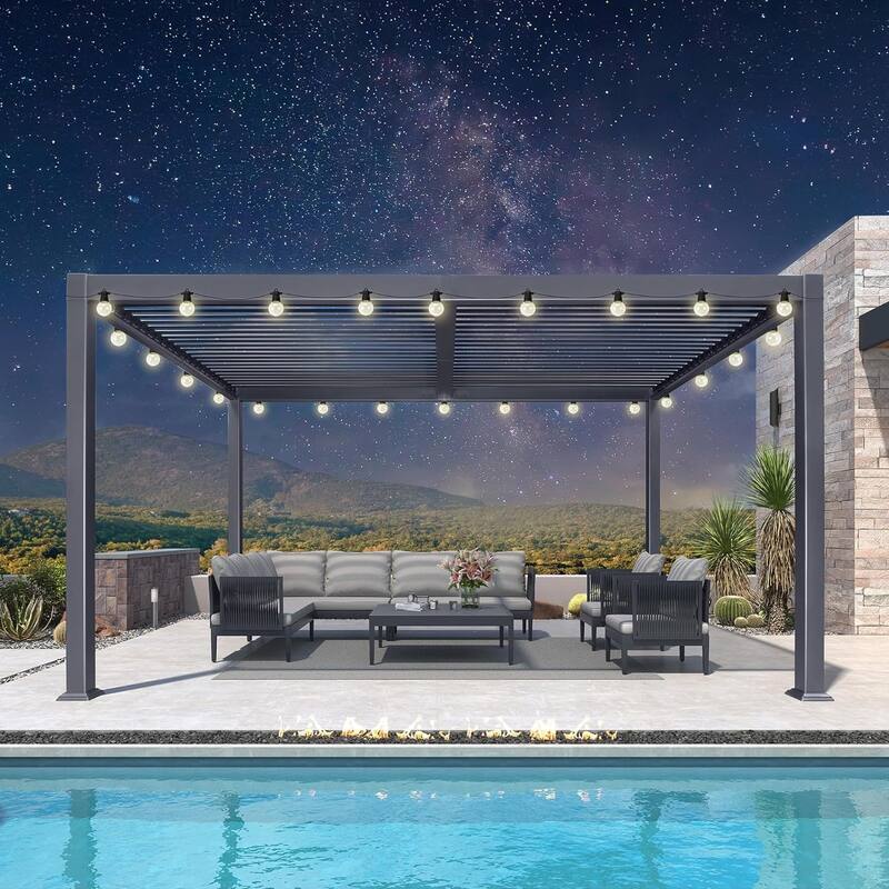 PURPLE LEAF Sun Shade Louvered Pergola with Light - Adjustable Metal Roof for Outdoor Patio - 10' x 14' - Grey(With Light)