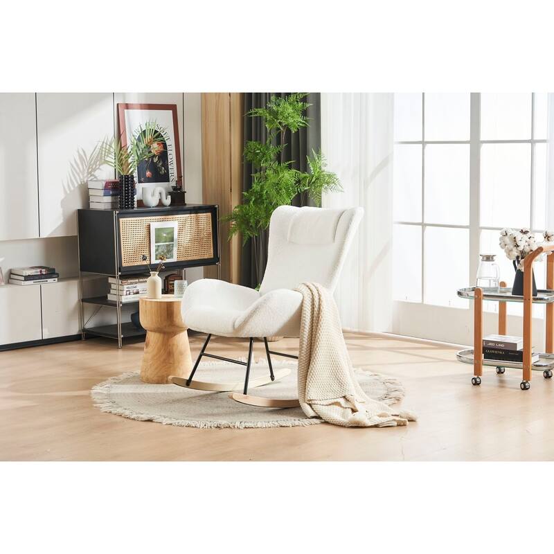 Solid Wood Legs Rocking Chair with Teddy Fabric Upholstered Bed Bath