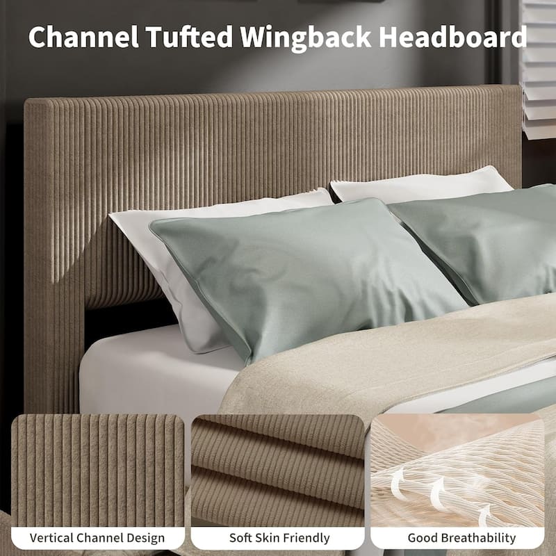 Upholstered Platform Bed with 4 Storage Drawers, Channel Tufted Wingback Headboard & Solid Wood Slat Support
