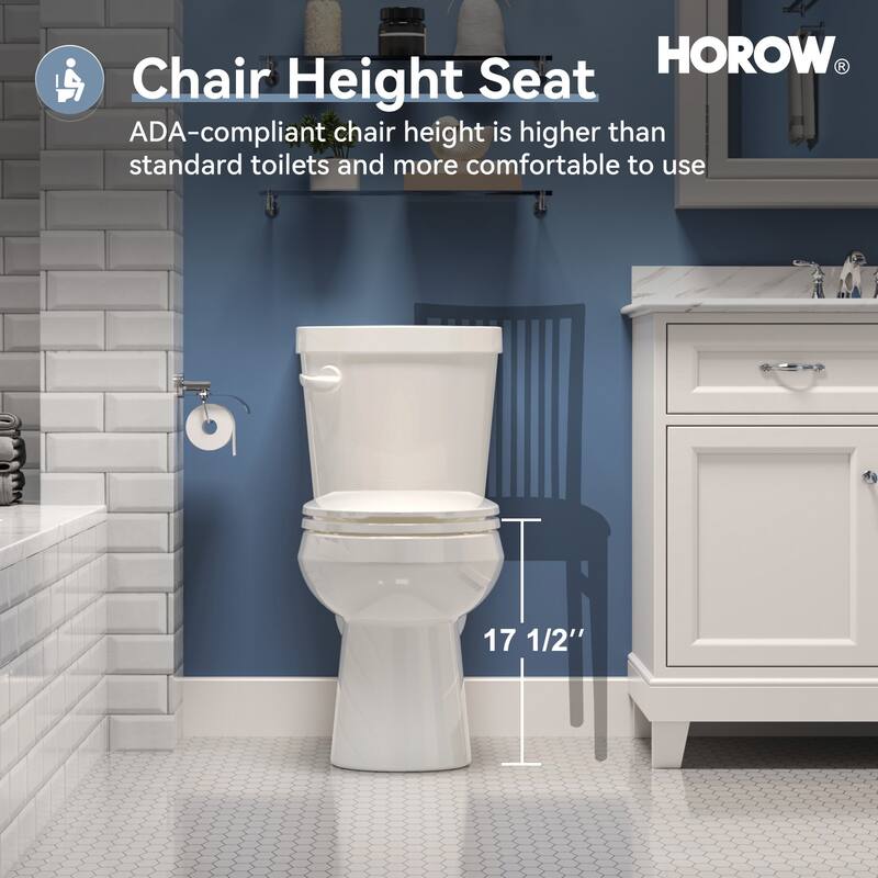 HOROW 2 Piece ADA Height Single Flush Elongated Toilet White 1.28 GPF Strong Flush Soft Close Seat - 17 Inch