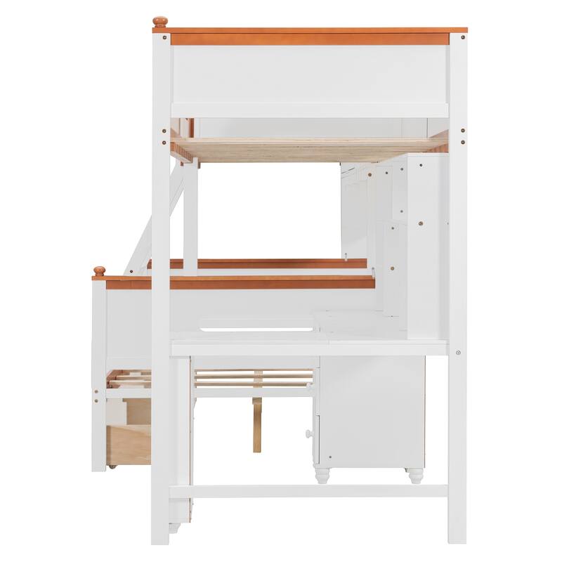 Roomfitters Twin Over Full Bunk Bed with Integrated Desk, Cabinet, & LED Lighting, Modern Storage Sleeper System, White & Orange