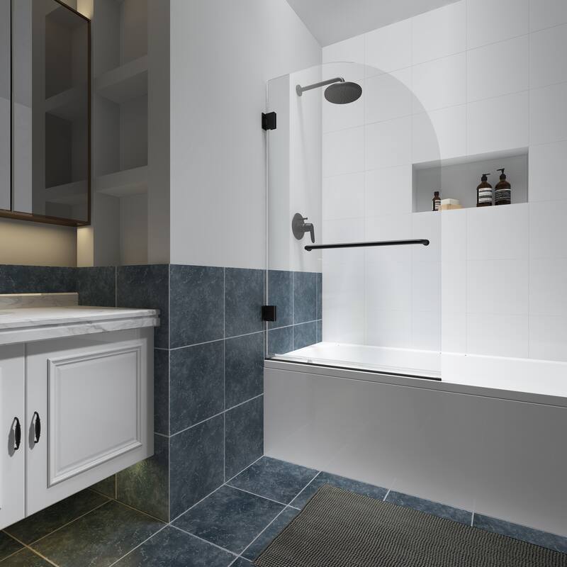 FELYL 34" W x 58" H Hinged Frameless Tub Door with Heat Soaking Process and Protective Coating Clear Glass