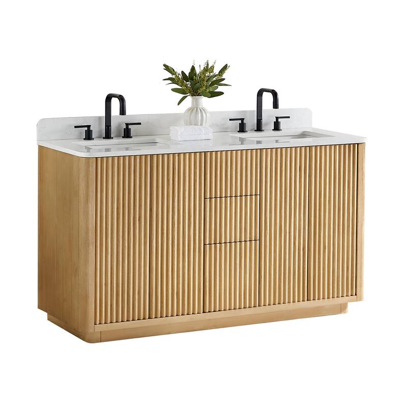 Clayton Bathroom Vanity in Washed Light Brown with Grain White Engineered Stone Countertop without Mirror