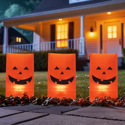 3 Jack-O-Lantern Halloween Luminary Pathway Markers - 5ft Black Wire