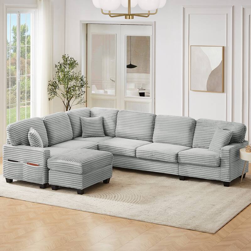 U Shaped Sectional Sofa with 1 Movable Ottoman, Corduroy Upholstered 6 Seater Sofa, Corner Sofa with Storage Pockets