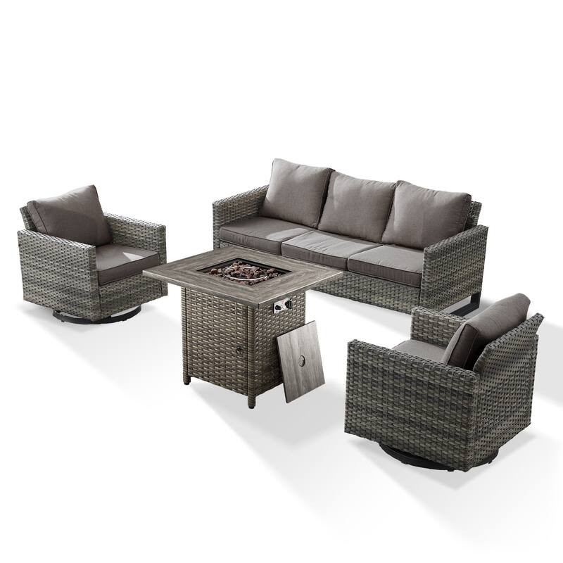 4 Pieces Fire Pit Table with Sofa Swivel Chair Set