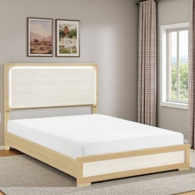 Twin Size Bed with LED Illuminated Panel Headboard, Natural and White Two-Tone Finish, Wooden Frame with Footboard and Rails