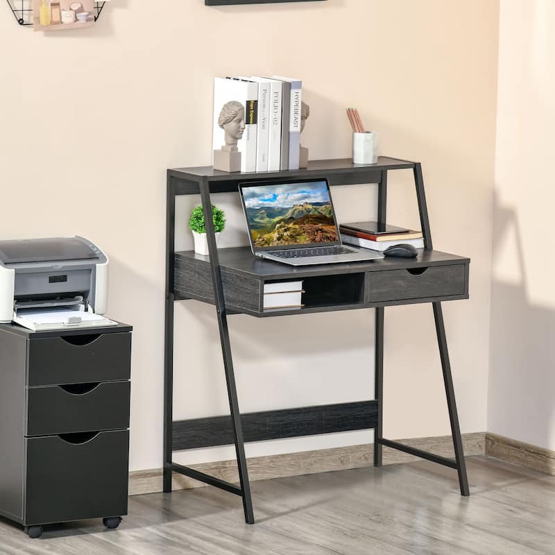 Particle Board and Steel Computer Desk with Shelves and Drawer - Charcoal Grey