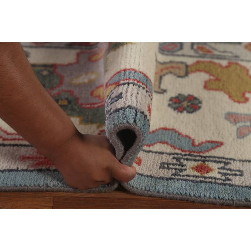 Blue Oushak Area Rug Hand-Knotted Floral Wool Carpet - 8'2" x 10'0"