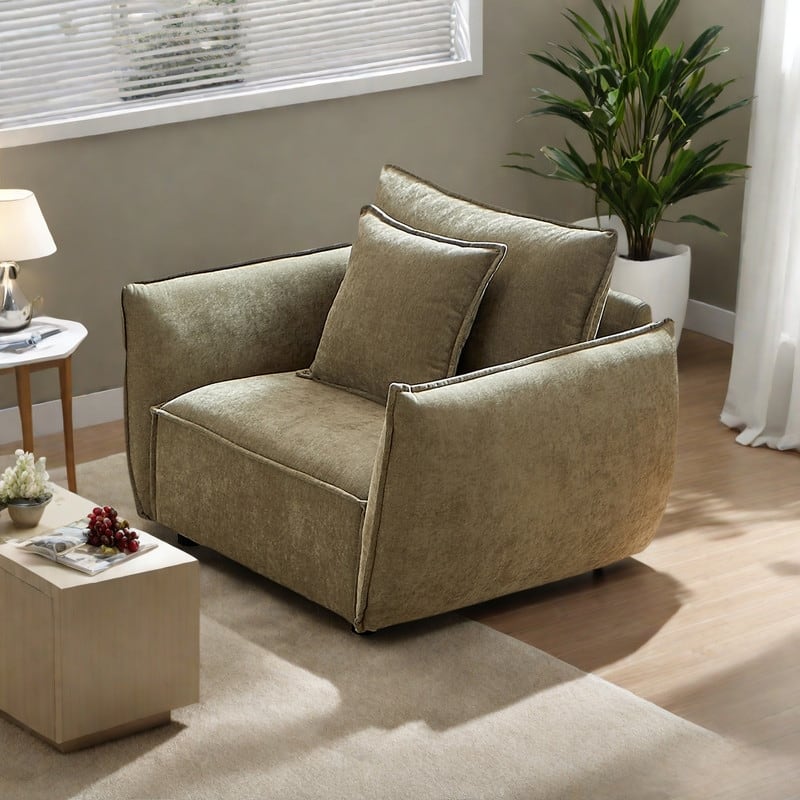 Minimalist Fabric armchair with Chenille Upholstery and Foam Cushions - Light Green