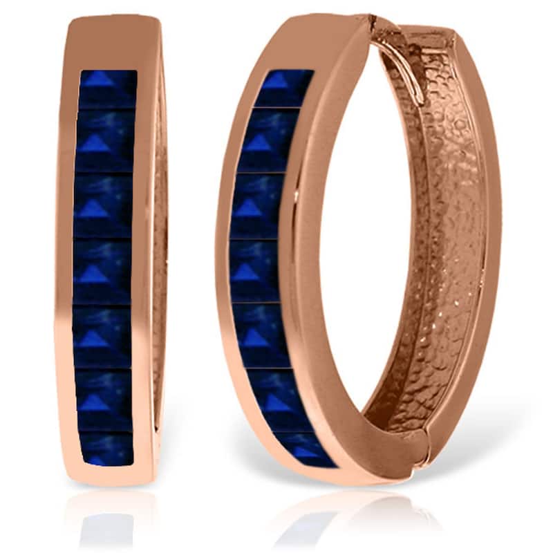 14K Solid Gold Hoop Huggie Gemstone Earrings w/ Natural Sapphires - Rose
