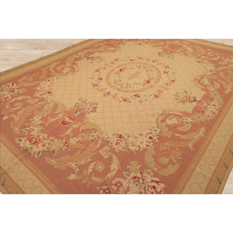 8'3''x10'9'' Hand Woven Flatweave Wool Light Gold French Aubusson Needlepoint Rug - 8' 3'' x 10' 9''
