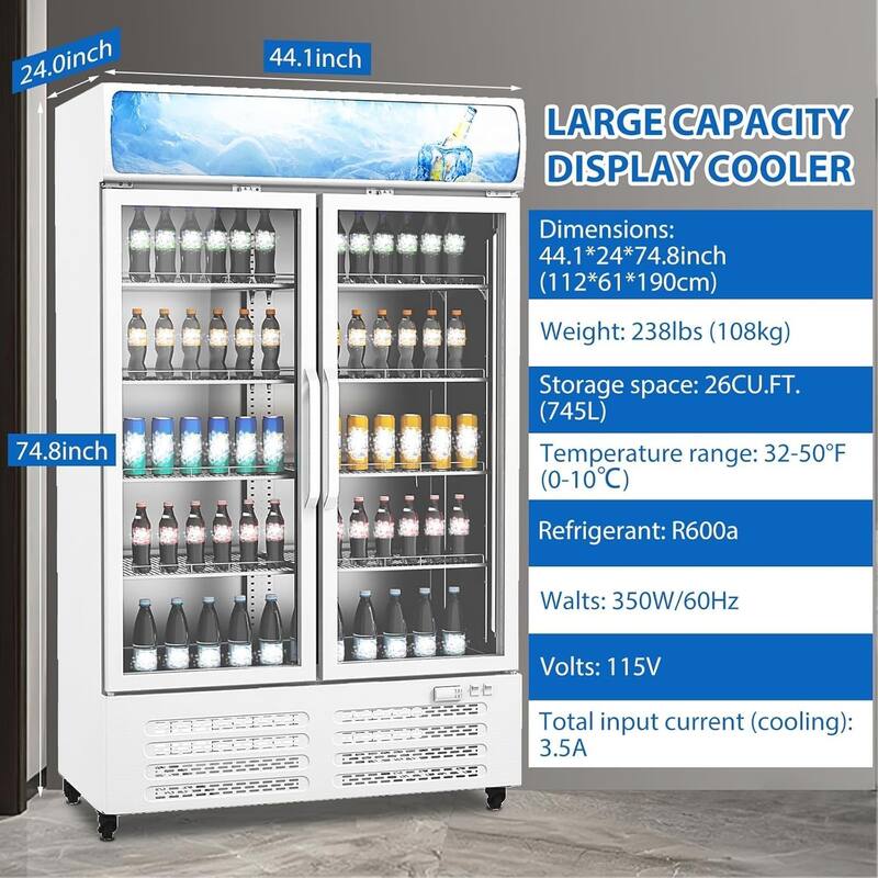 26 Cu.Ft Commercial Glass Door Display Refrigerator with LED Lighting, Energy-Efficient Beverage Cooler