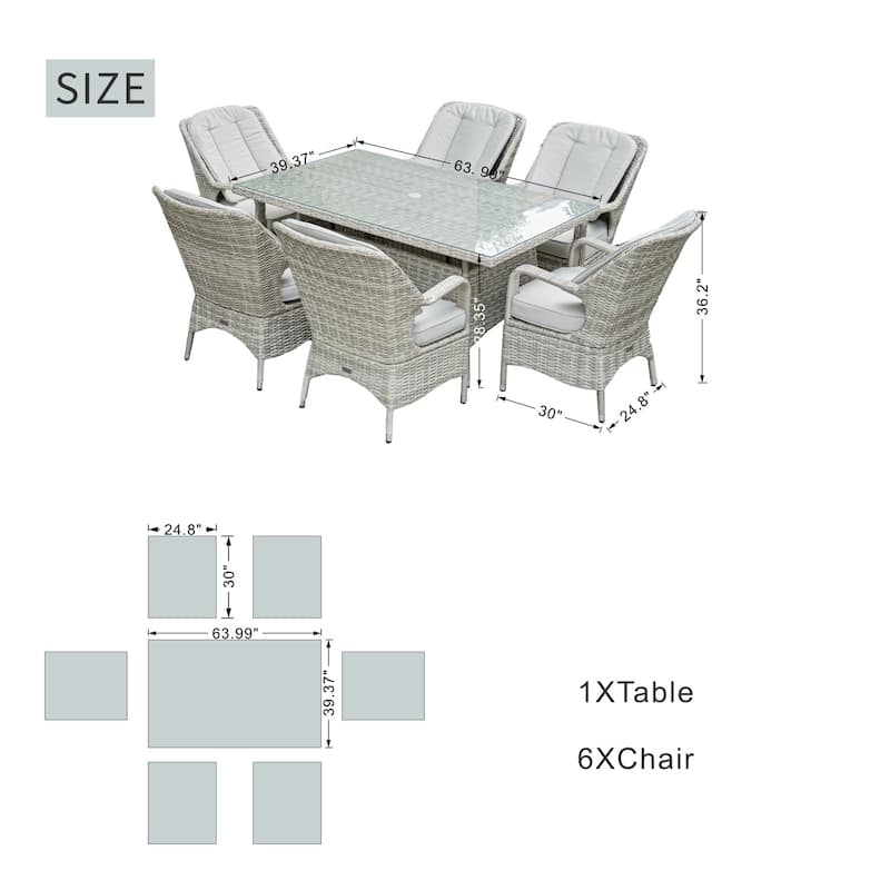 Modern 7-piece Outdoor Rectangular Wicker Aluminum Dining Set with 6 Chairs