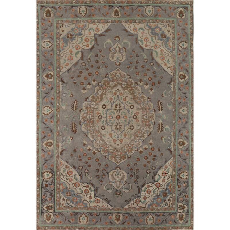Distressed Grey Tabriz Vintage Persian Rug Hand-Knotted Wool Carpet - 6'7" x 9'4"
