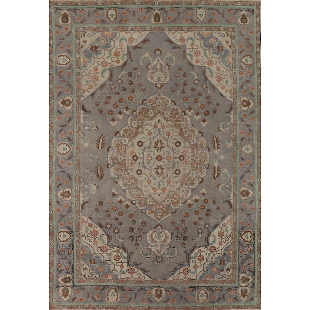 Distressed Grey Tabriz Vintage Persian Rug Hand-Knotted Wool Carpet - 6'7" x 9'4"