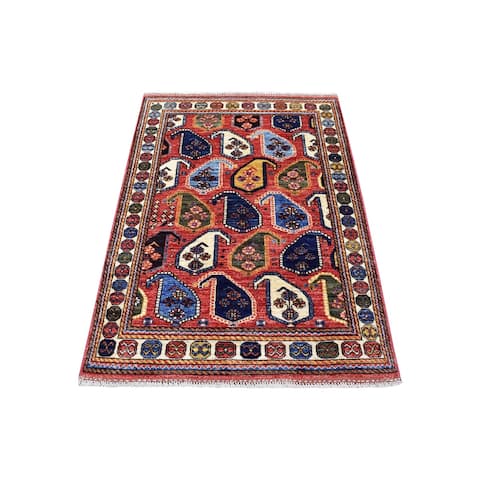 Hand Knotted Red Tribal & Geometric with Wool Oriental Rug (3'6" x 4'9") - 3'6" x 4'9"