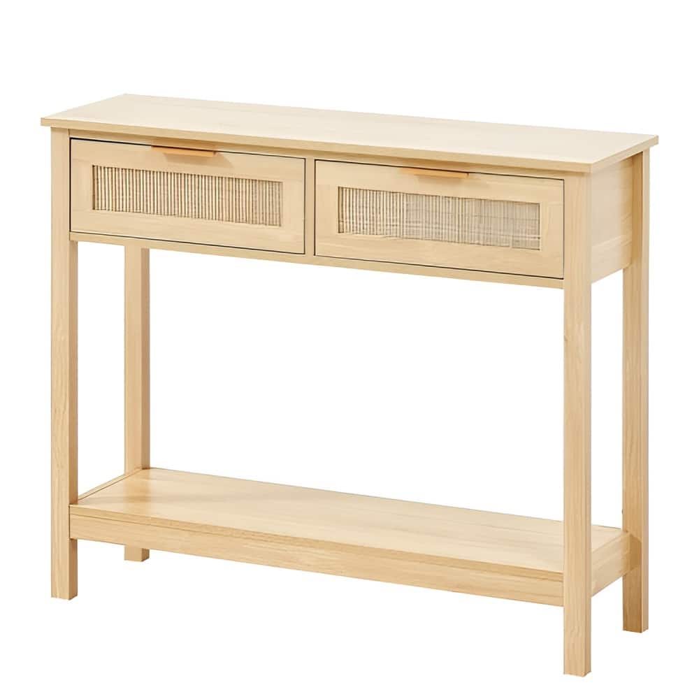 Natural Rattan Entryway Table with 2 Drawers, Storage Console - 39.37 × 11.81 × 29.33 in