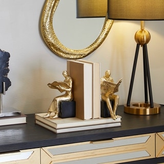 Gold Polystone Reading People Decorative Bookends with Black Bases (Set of 2)