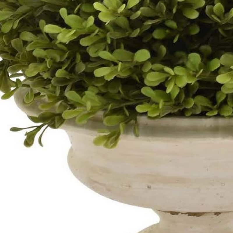15 Inch Faux Boxwood Topiary Plant in Urn Pedestal Pot, Off White Planter