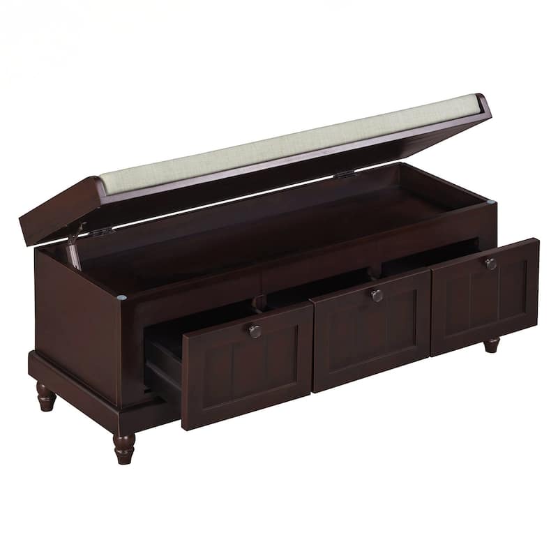 Classic Shoe Bench with Cushion and Three Drawers, Fluted Entryway Bench with Storage for Living Room, Entryway, and Hallways