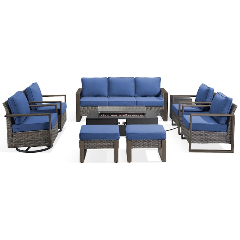 Meyreso Wicker Outdoor Patio Fire Pit Set with Swivel Gliders and 4.5-Inch Olefin Cushions