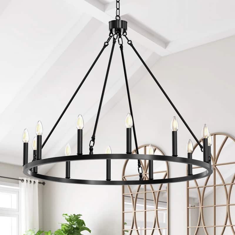 Black Wagon Wheel Chandelier 12-Light Adjustable Farmhouse Pendant Light for Dining Room Entryway - 1 Tier 12lights - 31inch