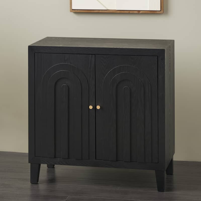 Wooden Geometric Art Deco Inspired Carved Arch 2 Door Cabinet with Gold Knobs - Black - Roche River Decor