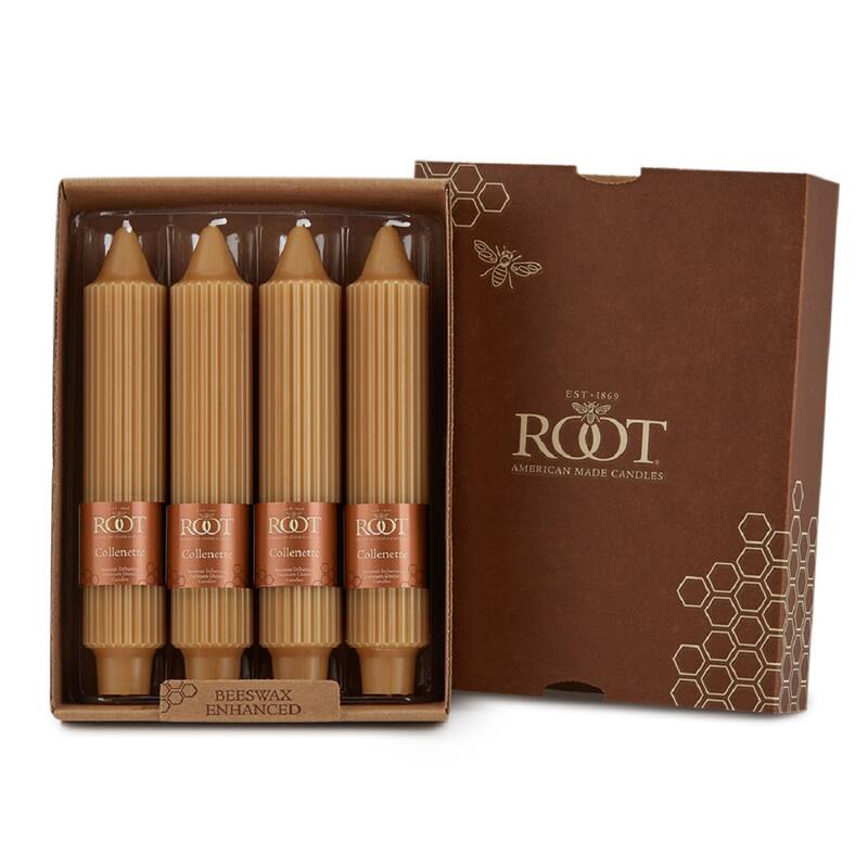 Root Unscented Grecian Collenette Taper Candles box of 4 - 7 X 1-1/4 - Beeswax