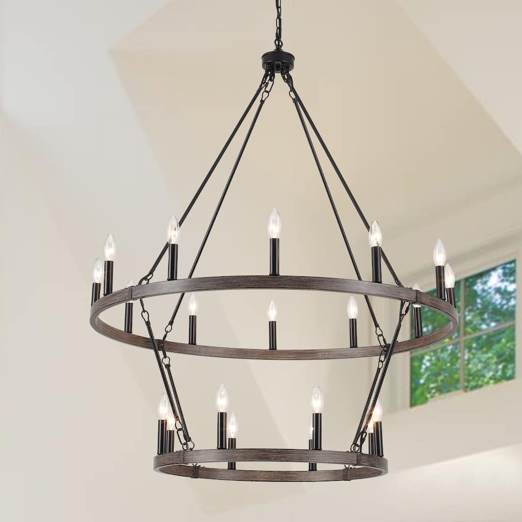 20-light Industrial 2-Tier Wagon Wheel Candle Style Chandelier