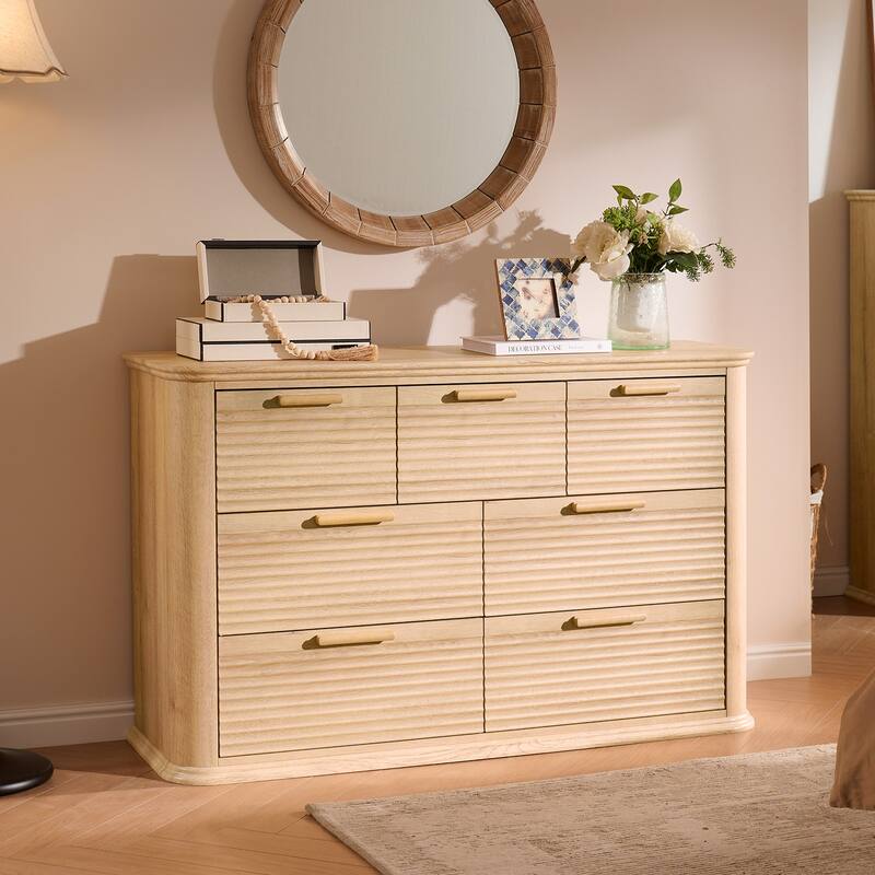 Mid-Century Modern 6 Drawers/7 Drawers Dresser for Bedroom, Tall Dresser & Chest of Drawers with Curved Profile Design