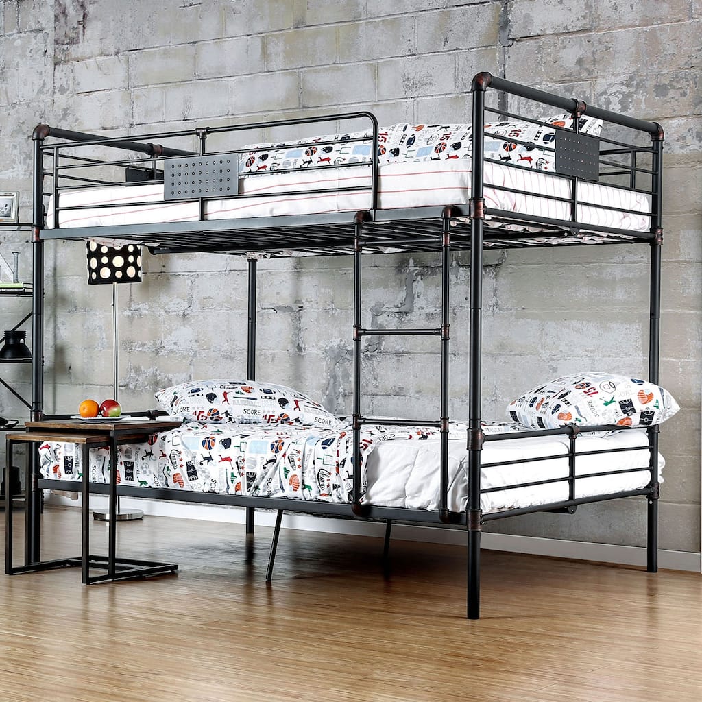 Full Over Full Metal Bunk Bed with Attached Ladder, Antique Black, Industrial Style