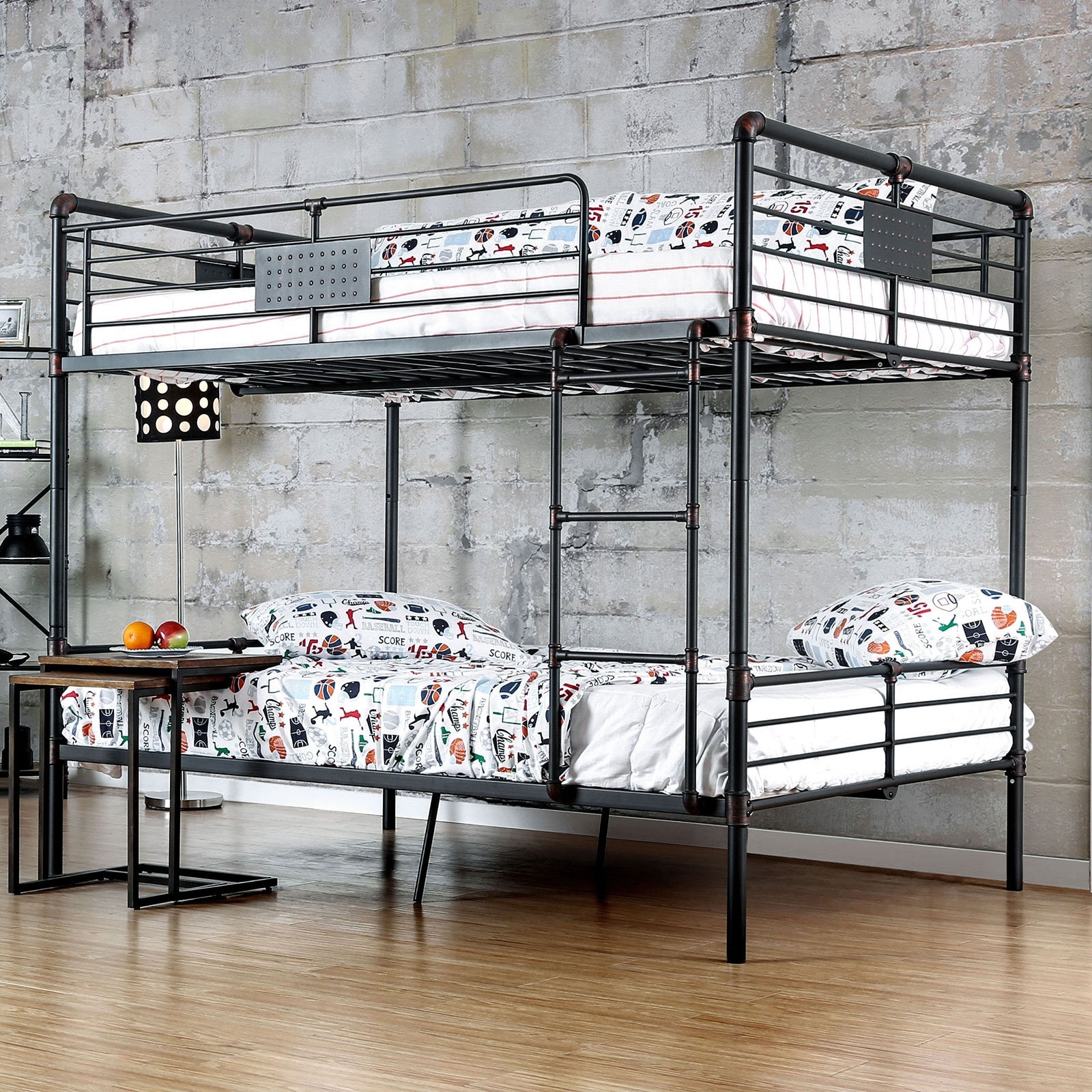 Full over Full Metal Bunk Bed with Pipe Structure and Attached Ladder