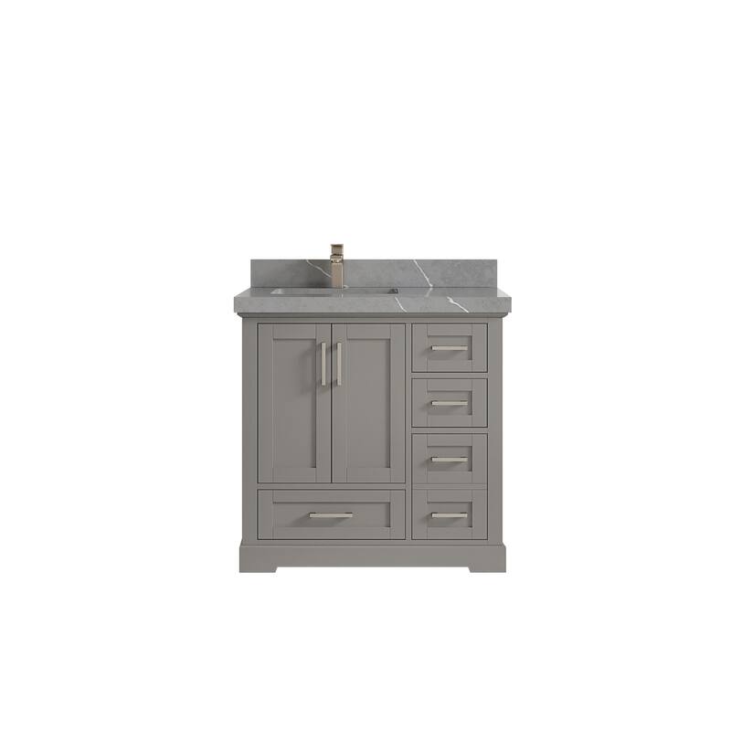 Willow Collections 36 x 22 Boston Left Offset Sink Bathroom Vanity with Quartz or Marble Countertop - 2" Piatra Gray - Elephant Skin Gray