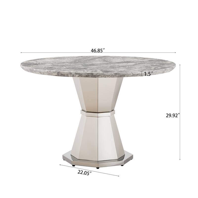 47" Round Dining Table with Faux Marble Tabletop and Stainless Steel Base - Gray+Silver