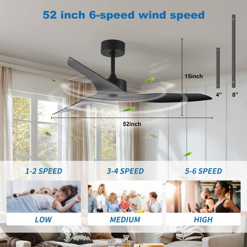 52" Outdoor black Ceiling Fan Without Light with Remote Control ,3 ABS Blades Farmhouse Ceiling Fan 6-speed Reversible DC Motor
