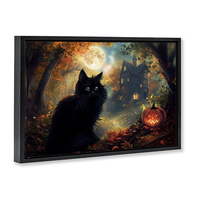Stupell Black Cat & Haunted Mansion Framed Floater Canvas Wall Art Design By Wumples