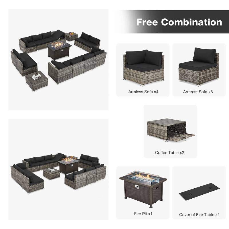 12-Person Patio Conversation Set with Fire Pit Table, All-Weather Wicker Outdoor Furniture