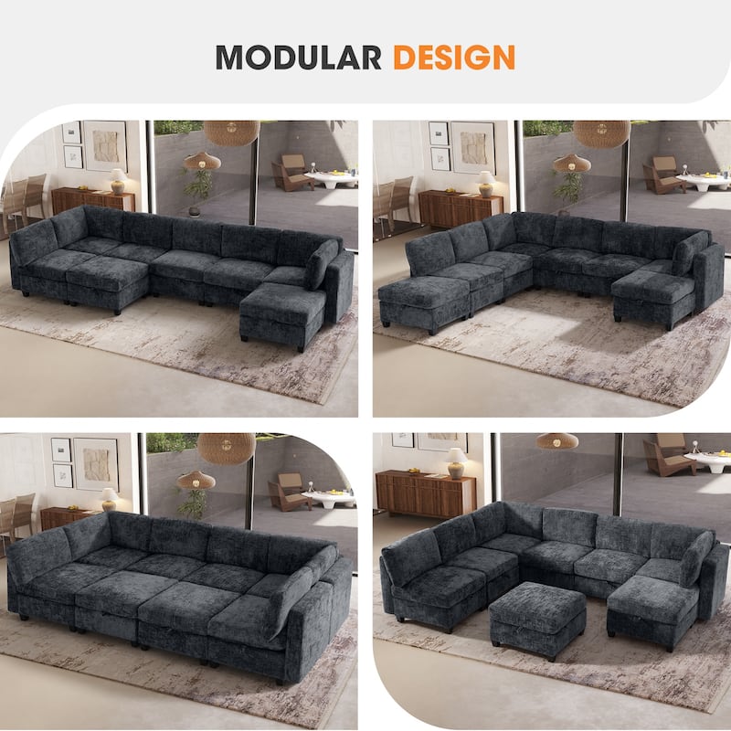 GDFStudio - Chenille Fabric 8-Seat 128" Modular Sectional Sofa with Storage & Solid Wood Frame