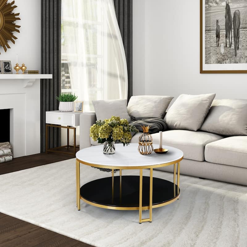 Nesia Modern Accent White Marble Gold Coffee Table Round Sofa Cocktail Double Layer Storage Table Brass Legs - 36''D x 17.5" H