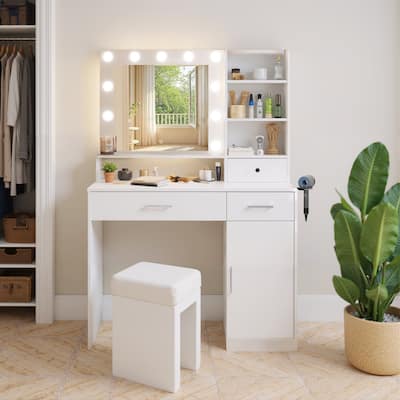 White Makeup Vanity Dressing Table with Adjustable Mirror, Shelves & Power Outlet, for Bedroom