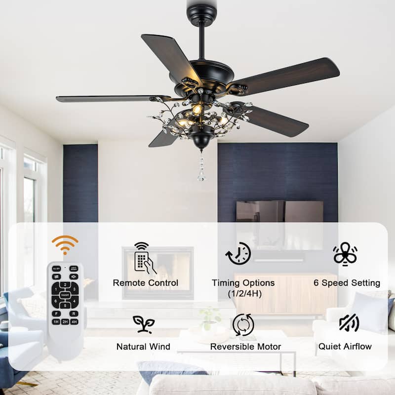 Bella Depot 52-inch Modern Crystal Ceiling Fan with Light Kit and Remote, 6-Speed Reversible Fandelier - 52"