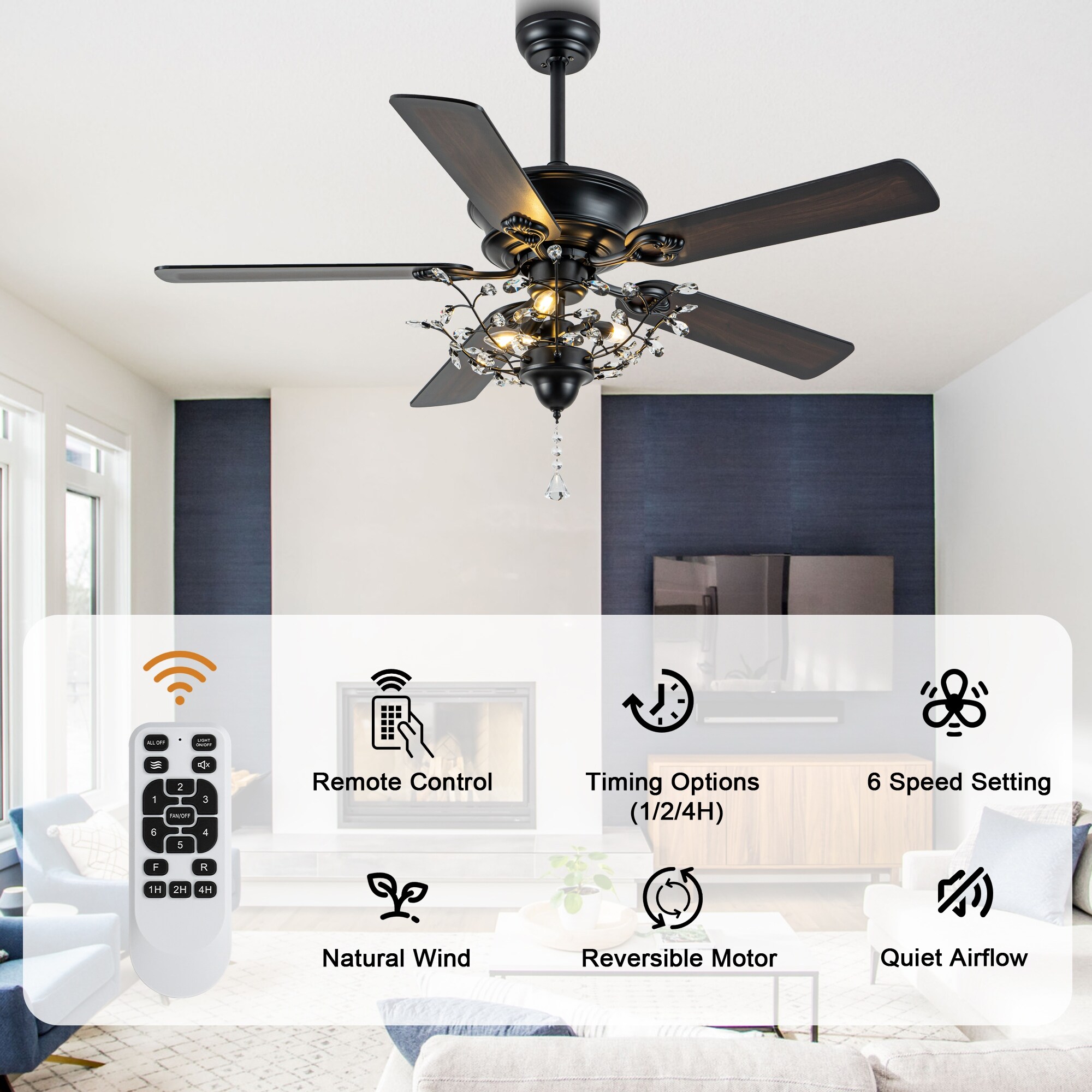 Bella Depot 52-inch Modern Crystal Ceiling Fan with Light Kit and