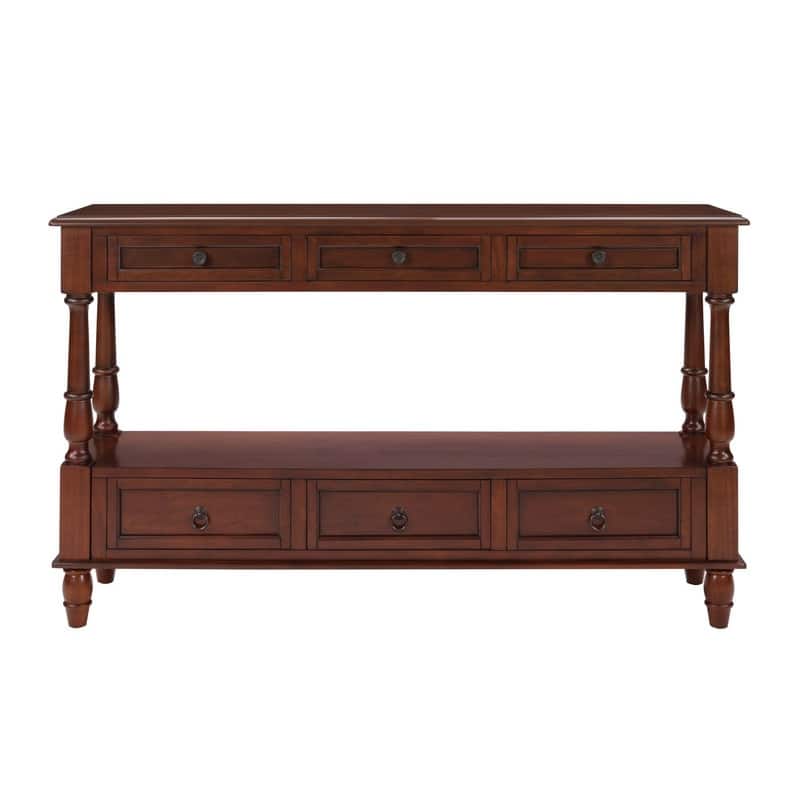 Retro 54" Solid Wood Console Table with 6 Drawers and Shelf for Vintage Living Room and Hallway Storage