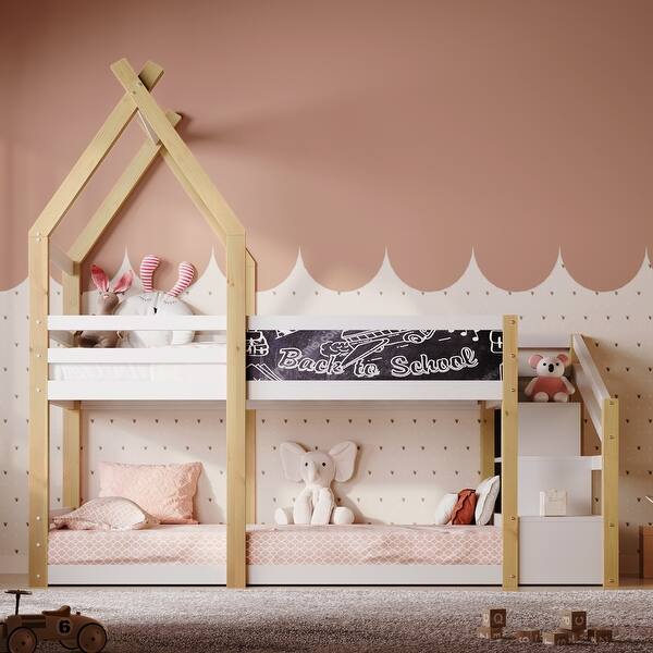 slide 2 of 33, Twin House Bunk Bed with Storage Staircase and Blackboard White - 1 Blackboard - Twin