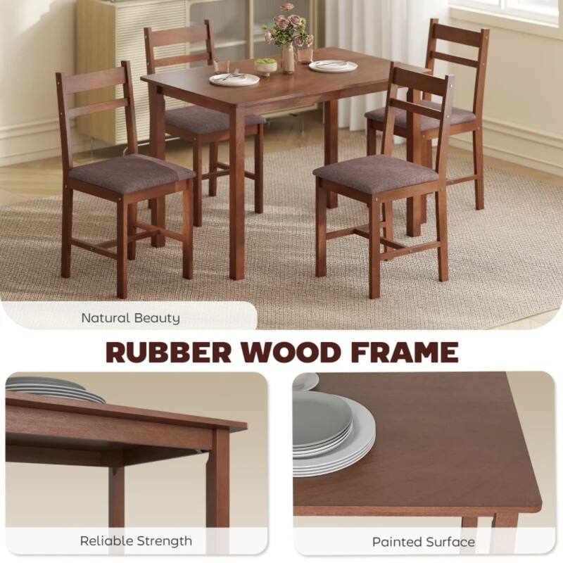5-Piece Dining Set, Farmhouse Wooden Table and 4 Cushioned Chairs