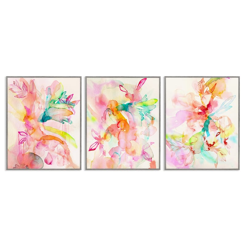 Stupell Abstract Florals & Paint Drip Framed Giclee Art Design By Gemma Bardot (Set of 3) - 11 x 14 - Grey