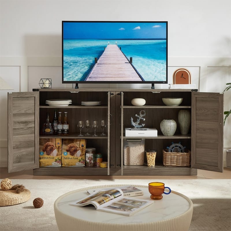 64.96''W Rattan Sideboard with 4-Door Storage Cabinet